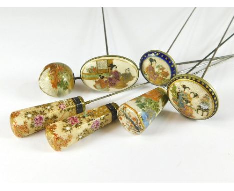 SATSUMA HAT PINS. Three Japanese Satsuma tapering hat pins, including a floral pair. Also, three flat top hat pins, each pain
