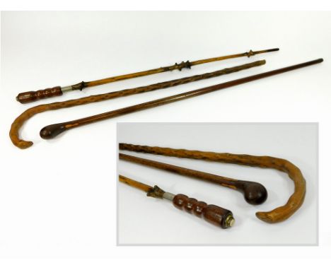WALKING STICKS. Three walking sticks, two in gnarled wood, one with press button finial. Also, a walking cane with decorative