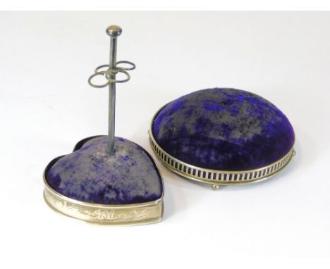 HAT PIN STANDS. A silver mounted hat pin stand with script naming For Blanche, Birmingham 1905. Height 11cm. Also, one other 