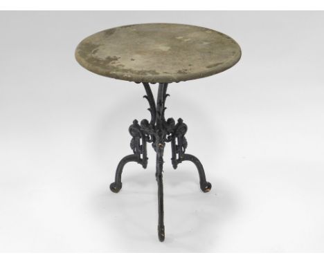 CAST IRON TABLE. A cast iron table on tripod base with marble top. Height 71cm. Diameter 6ocm. COLLECT IN PERSON OR BY BUYER'