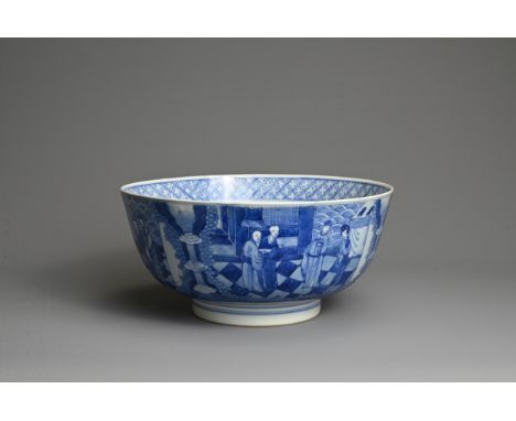 A CHINESE BLUE AND WHITE PORCELAIN BOWL, KANGXI PERIOD. Decorated with scene from the 'Romance of the Western Chamber' Xi Xia