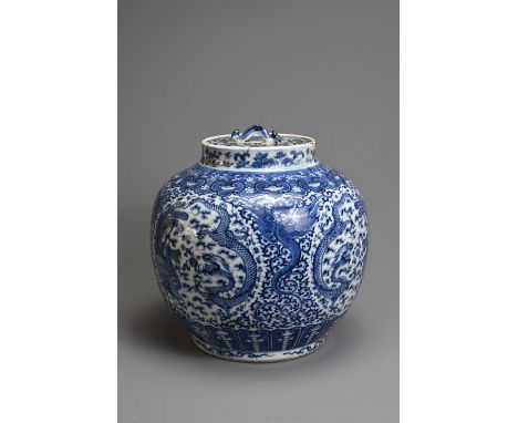 A CHINESE BLUE AND WHITE PORCELAIN LANTERN JAR, 19TH CENTURY. Of globular form decorated with various dragons and phoenixes o