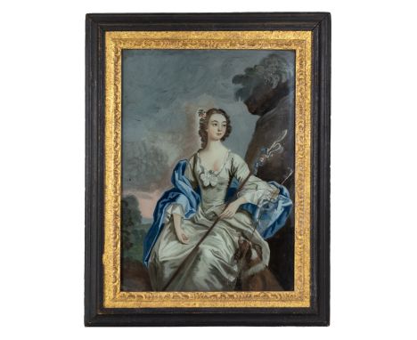 A CHINESE EXPORT REVERSE GLASS PAINTING, QING DYNASTY. Depicting a European lady holding a shepherd's crook with a sheep dog,