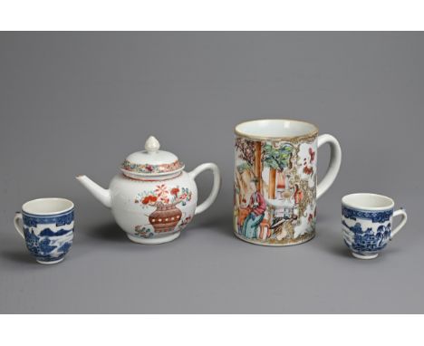 A GROUP OF CHINESE EXPORT PORCELAIN ITEMS, 18TH CENTURY. To include a teapot decorated with floral baskets; A tankard decorat