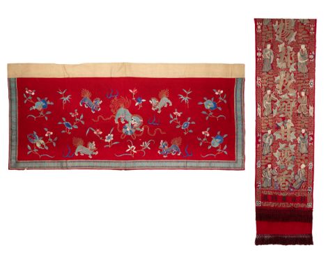 A CHINESE LONG EMBROIDERED GILT THREAD RED-GROUND WOOL HANGING AND ANOTHER, SMALLER CIRCA 1930. The first embroidered with fi