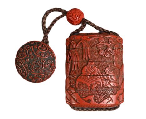 A JAPANESE MEIJI PERIOD (1868-1912) RED LACQUER INRO. With red lacquer manju netsuke and ojime ensemble, the netsuke with cha
