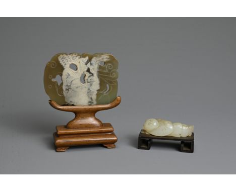 TWO CHINESE JADE CARVINGS, QING DYNASTY. To include a  white jade carving of a boy holding a lingzhi spray; Together with a c