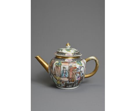 A FINE CHINESE FAMILLE ROSE PORCELAIN TEAPOT, 18TH CENTURY. Decorated with identical scenes to each side depicting figures in