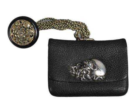 A JAPANESE MEIJI PERIOD (1868-1912) BLACK LEATHER COIN POUCH (FUKURO) WITH SILVER-COLOURED METAL CLASP AND SILVER-COLOURED ME