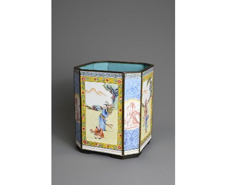 A CHINESE PAINTED ENAMEL ON COPPER BRUSH POT, REPUBLIC PERIOD. Of octagonal form decorated with painted enamels featuring imm