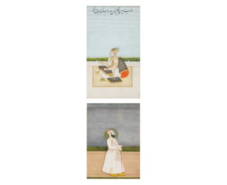 TWO 19TH CENTURY INDIAN MINIATURES. Gouache, heightened with gilding on paper, the first depicting a standing nobleman in lan