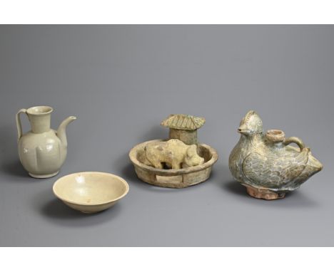A GROUP OF CHINESE CERAMIC ITEMS, HAN DYNASTY AND LATER. To include a lead glazed pottery model of a pig farm, Han dynasty (2