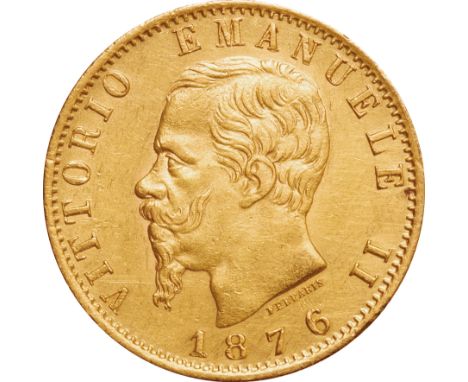 ｲﾀﾘｱ (Italy) / ｴﾏﾇｴｰﾚ2世像 20ﾘﾚ金貨 1876年(R) KM10.2 / 極美 / Vittorio Emanuele II 20 Lire Gold / EF / 6.45g / 21.30mm / .900