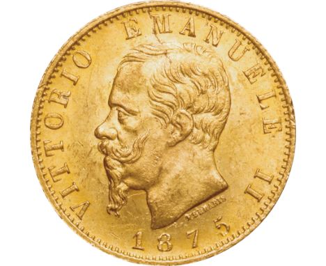 ｲﾀﾘｱ (Italy) / ｴﾏﾇｴｰﾚ2世像 20ﾘﾚ金貨 1875年(R) KM10.2 / 極美 / Vittorio Emanuele II 20 Lire Gold / EF / 6.45g / 21.30mm / .900
