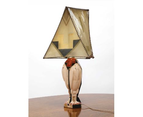 A French Art Deco table lamp,by Aladin, the base moulded with marabou storks with polychrome panels and gilt, inscribed 'Alad