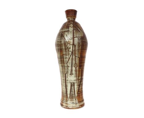 *Robert Washington (1913-1997), a tall stoneware pot, of tapering waisted form with brushed iron oxide or manganese figures, 