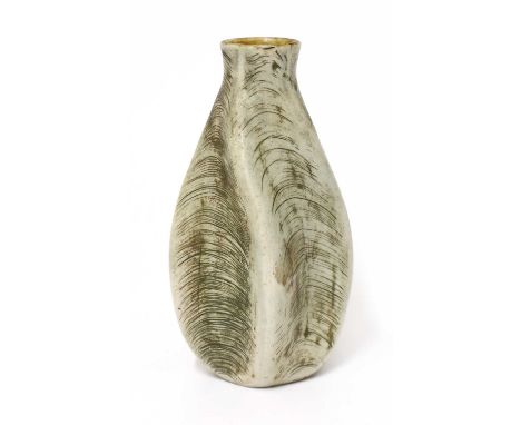 A Martin Brothers stoneware gourd vase,dated 1905, of ovoid form with an everted rim and a twisted body, painted in light gre