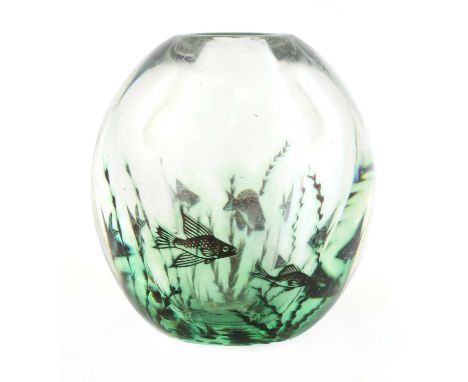 An Orrefors 'Fish Graal' glass vase,c.1951, designed by Edward Hald, internally decorated with fish, engraved signature, 12.5