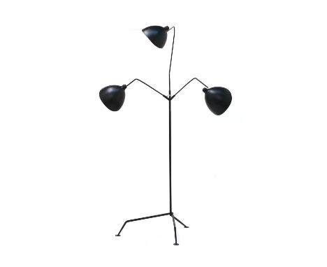 A modern three-branch metal floor lamp,originally designed in 1953 by Serge Mouille for Jacques Adnet, with articulated shade