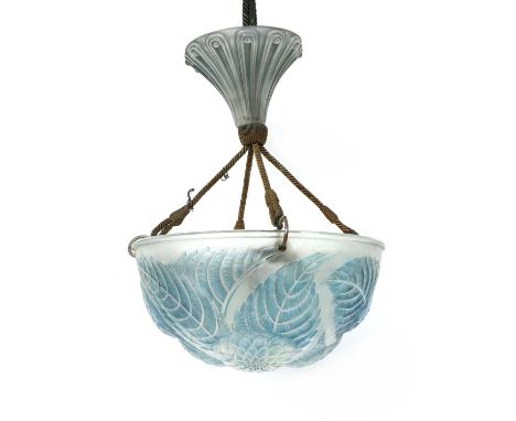 A Lalique 'Dahlia' opalescent glass plafonnier,with blue tints, ceiling rose and suspension chords, moulded mark 'R. Lalique'