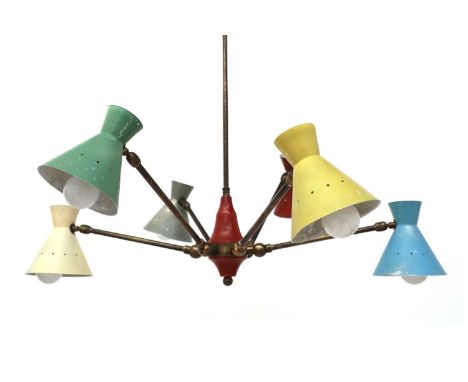 An Italian six-branch ceiling light,1950s, in the manner of Stilnovo, with a central brass column, with six radiating adjusta