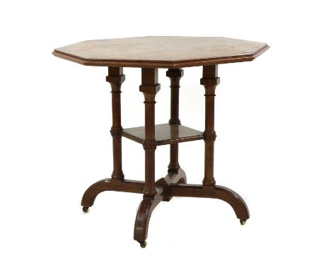 A Howard & Sons oak octagonal centre table,c.1880, in a 'reformed Gothic' style, with an octagonal parquetry top on, ring-tur