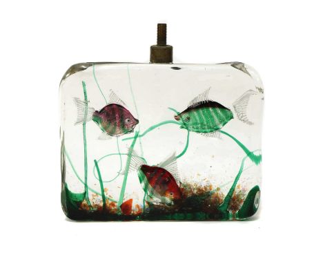 A Murano Cenedese glass 'Aquarium' lamp,1950s, decorated with three fish,20cm wide27.5cm highCondition report: Small chip to 