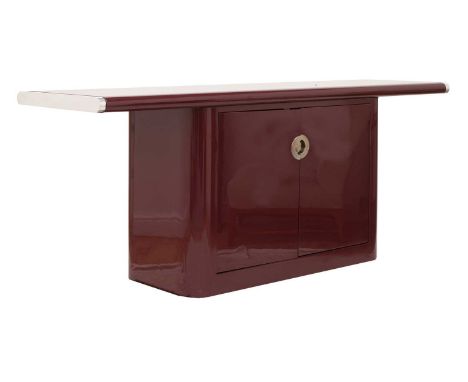 A Pierre Cardin purple lacquer sideboard, with a wide top with chrome end details, over a cupboard with chrome ring handles, 