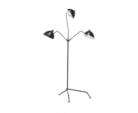 A modern three-branch metal floor lamp,originally designed in 1953 by Serge Mouille for Jacques Adnet, with articulated shade