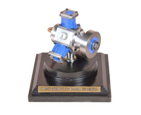 An exhibition standard model of a ‘Cygnet Royal’ three cylinder radial steam engine, contained in glazed case. 15cm x 15cm x 