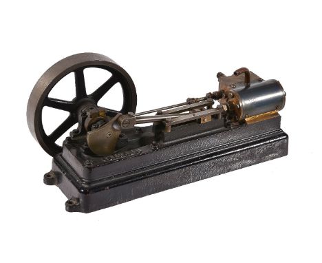 A Stuart Turner model S50 horizontal live steam mill engine, mounted on wooden plinth. Length 22cm.