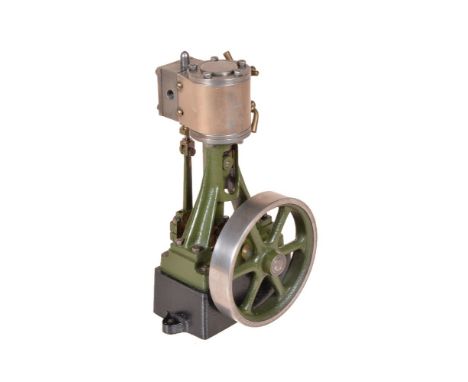 A model of a Stuart Turner 10V vertical steam engine, having metal clad cylinder, trunk guide, open crank with eccentric driv