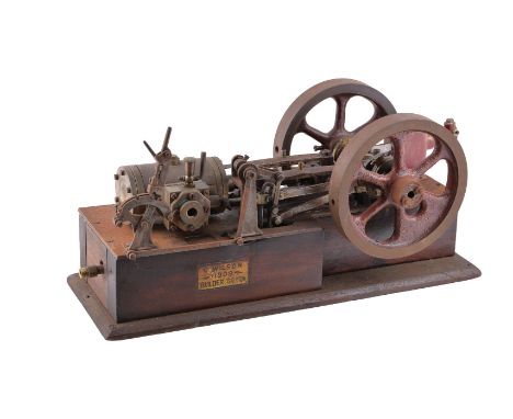 An Edwardian model of a live steam horizontal open crank mill engine, having single cylinder lagged with hardwood, cross-head