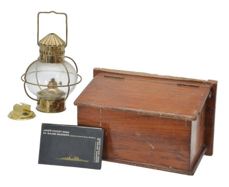 A brass ship's globe lamp, by Authentic models in original box and a ships teak bridge binoculars box containing a copy of Ja