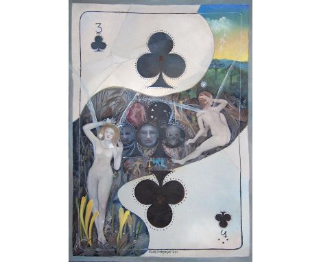 Sean Jefferson. Three of Clubs. Oil Painting on panel 42.2 x 27.7cm, signed. I am self taught,coming to art through experimen