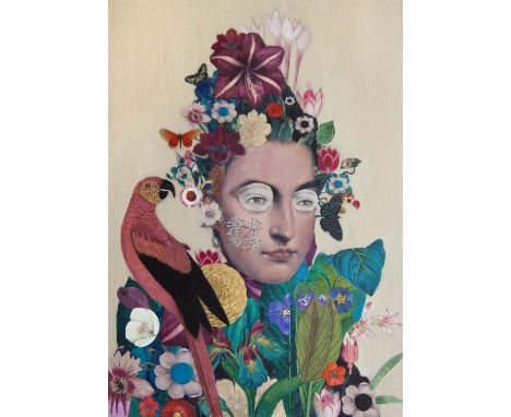 Sarah Jarrett.  Queen of Clubs. Image transfer and painting with collage on wood panel. 42 x 29.7cm. "I define myself as an A