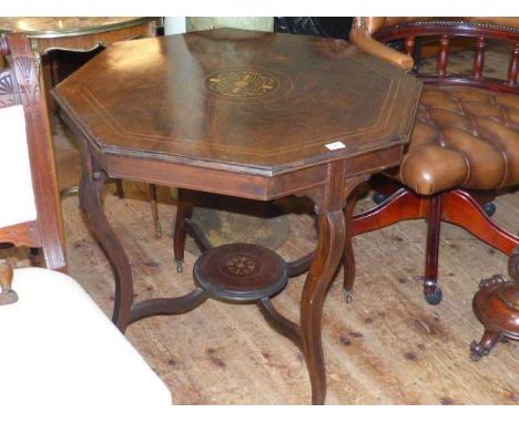 Late Victorian inlaid rosewood occasional table, with octagonal moulded top and shelf stretcher