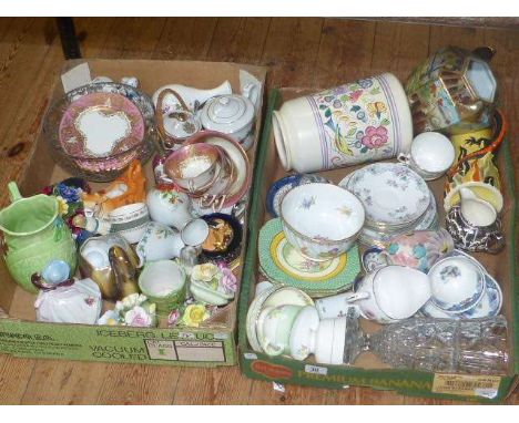 Two boxes of collectables including Poole vase, china posies, cups and saucers, etc