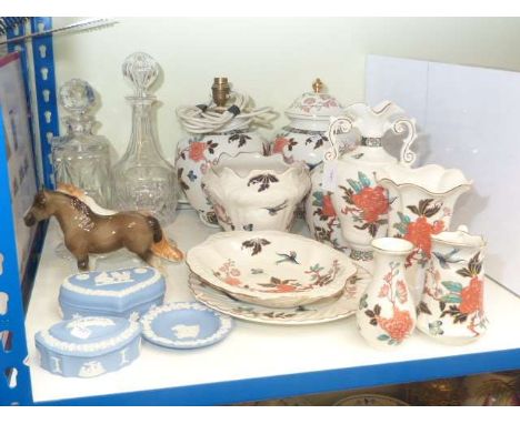 Old Foley James Kent pottery including table lamp, jardiniere, vases etc, two glass decanters, three pieces Wedgwood blue Jas