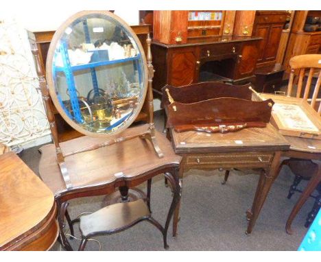 Envelope card table, mahogany gate leg table, occasional table, toilet mirror, standard lamp and shade, mirrored shelf and tr