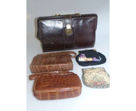 Vintage leather brief case together with two crocodile skin handbags and two evening bags