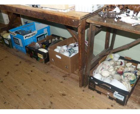 Five boxes of glass and china, ornaments, trinket ware, tea ware, three pocket watches etc