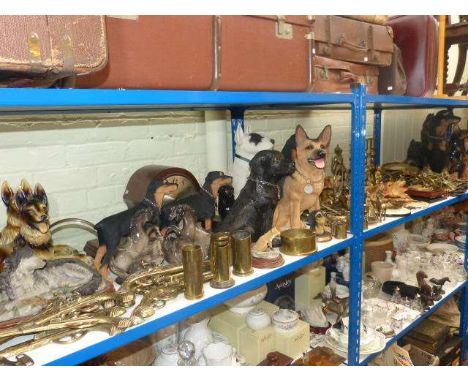 Mahogany and oak mantel clocks, collection of dog ornaments and large quantity of brass ware