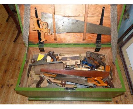 Fitted pine tool box with a good selection of tools including planes, chisels, saws, etc