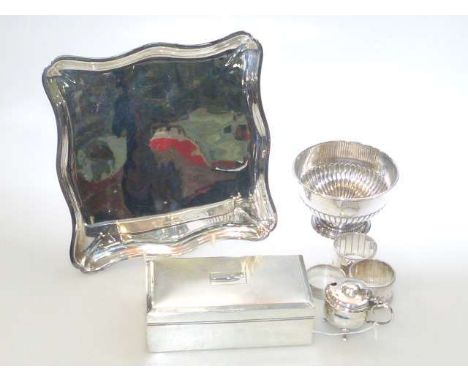 Silver basin, mustard, cigarette box and three napkin rings, and an Electro plated shaped tray
