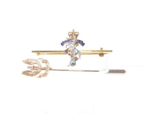 Garrard 9ct gold and enamel Regimental brooch and a 9ct gold tie pin (2)