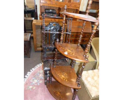 Carved oak hall chair, Edwardian inlaid mahogany whatnot and mahogany serpentine front open wall shelf (3)