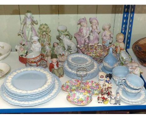 Quantity of Bisque figures, Chintz pattern teapot and cake stand, Wedgwood Queensware dinnerware, etc