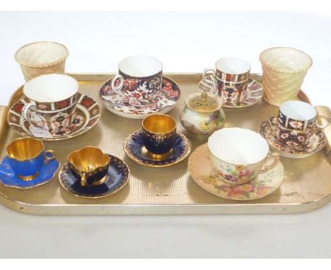 Four Royal Crown Derby cups and saucers, Worcester blush cup and saucer, and basket planters, rose painted pot pourri and thr