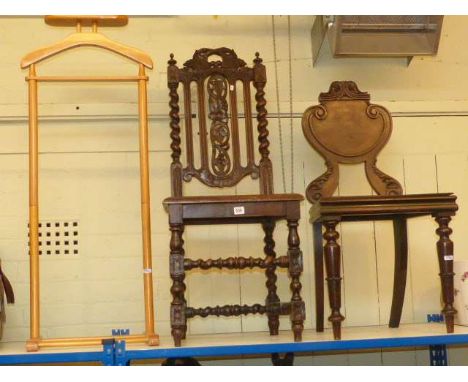 Oak and mahogany hall chairs and light wood suit hanger (3)